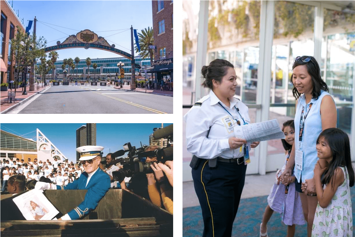Clockwise from top left: With the Gaslamp District just steps away you can enjoy all it has to offer between meetings; Our team members are always available to lend a helping hand; Students gather in Plaza Park to seal the 10th anniversary time capsule, which is still buried.
