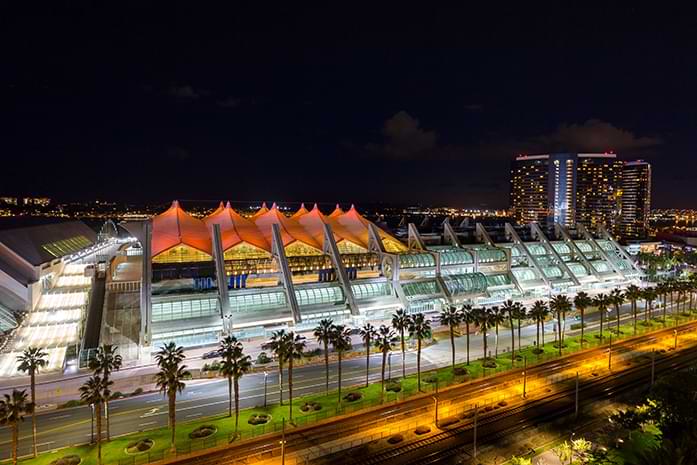 The Sails Pavilion is lit up in an 