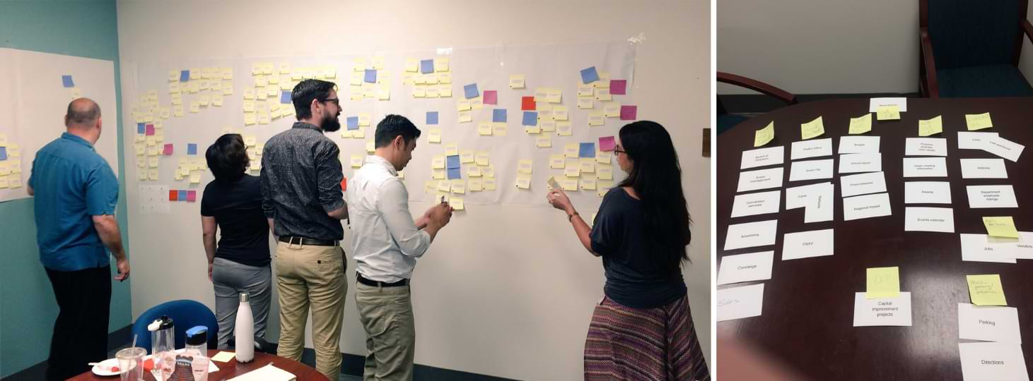 A group of people stands at a wall grouping post-it notes. Index cards on a table are grouped according to subject.