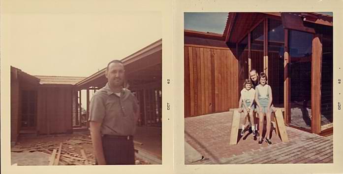 Left: Ward Deems in front of La Jolla home during construction.  Right photo:  Sherry with her father Ward and older sister Lyn in their childhood La Jolla Home.