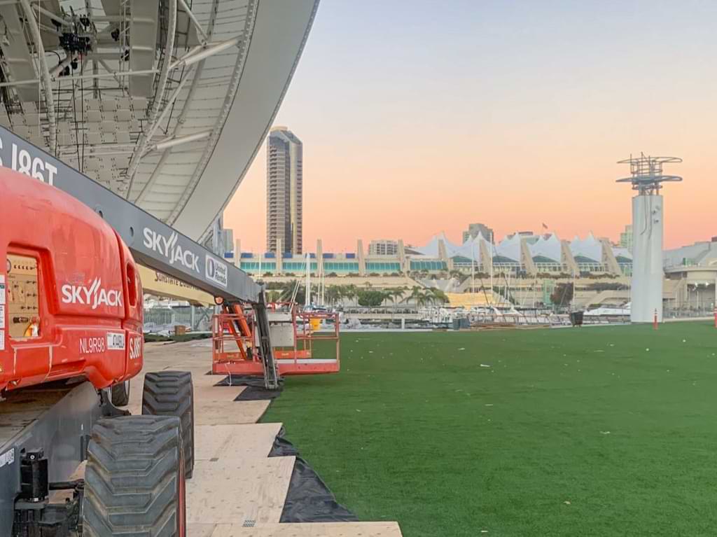 Construction vehicles in front of The Shell and the San Diego Convention Center 