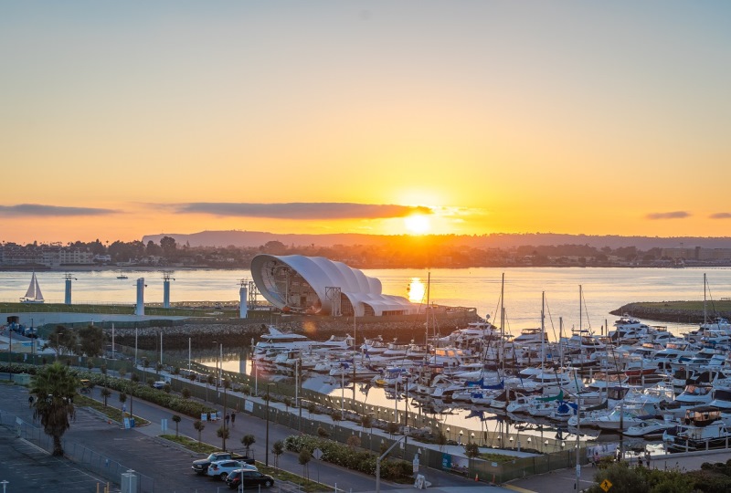 The Shell surrounded by boats on the San Diego Bay  