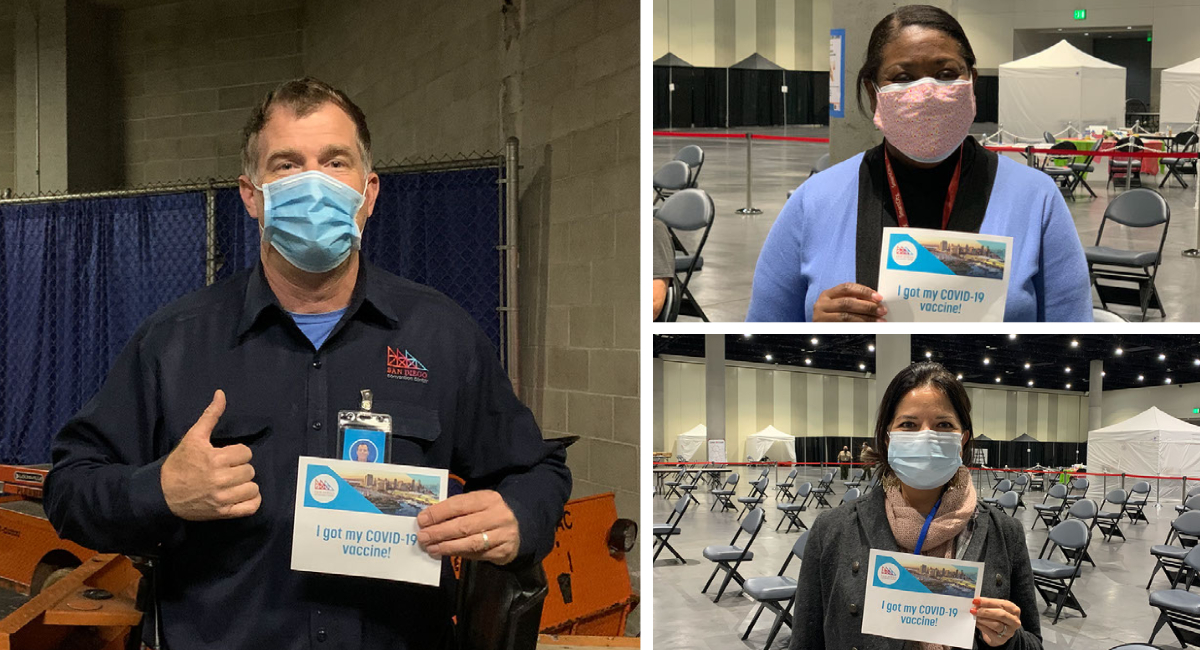 The City and County of San Diego made COVID-19 vaccines available to shelter residents and staff earlier this month. Pictured: Recently vaccinated SDCC employees. 