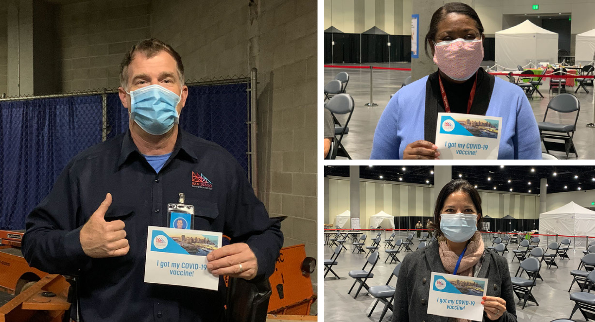The City and County of San Diego made COVID-19 vaccines available to shelter residents and staff earlier this month. Pictured: Recently vaccinated SDCC employees.