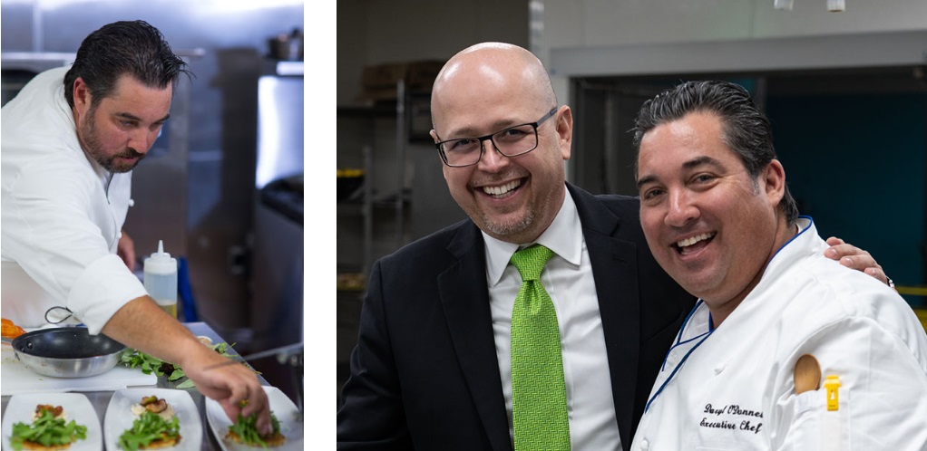 From Left: Chef Daryl O’Donnell plating food, 2015; Centerplate General Manager Bobby Ramirez with Daryl O’Donnell, 2019.