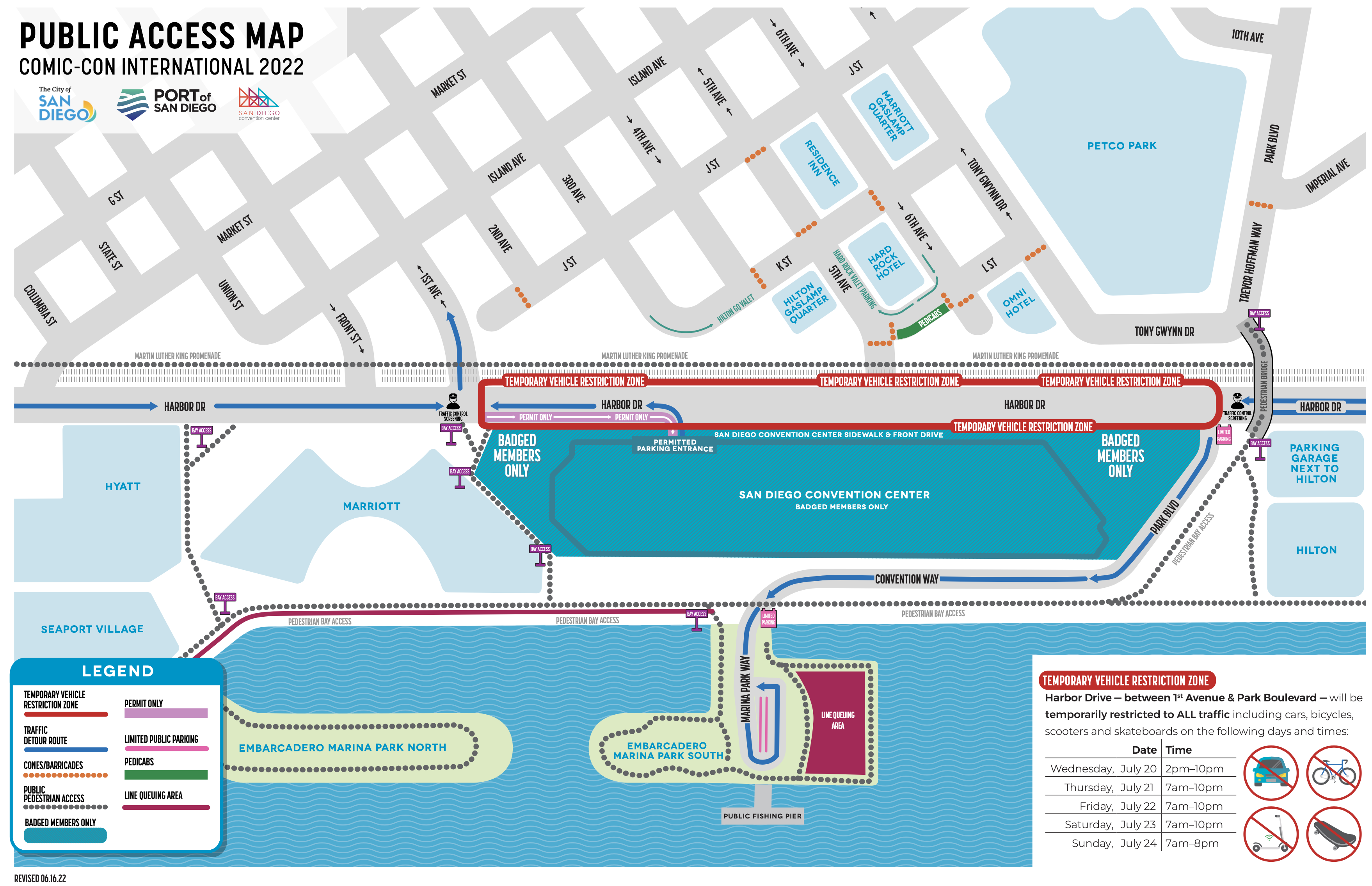 Map showing public access routes and areas which are for badge holders only around the San Diego Convention Center during Comic-Con 2022