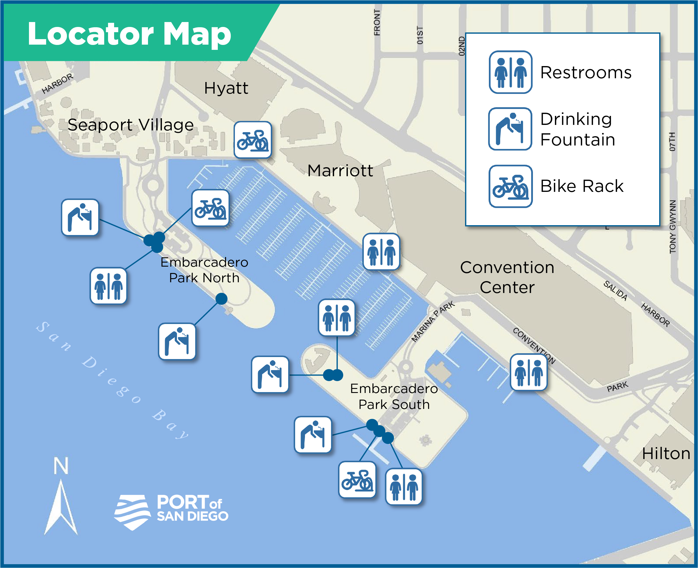Map showing the available public amenities including bathrooms and drinking fountains around the San Diego Convention Center during Comic-Con 2022