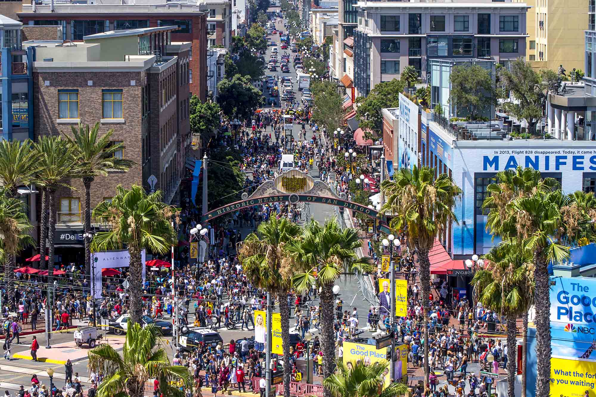 an overhead view of 5th avenue in downtown San Diego's