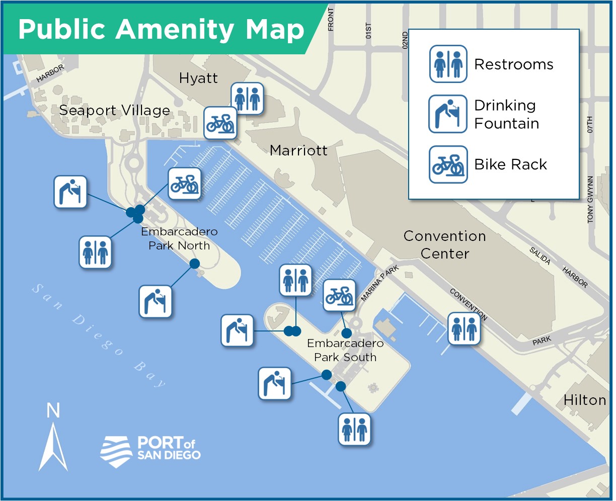 Map showing the available public amenities including bathrooms and drinking fountains around the San Diego Convention Center during Comic-Con 2022