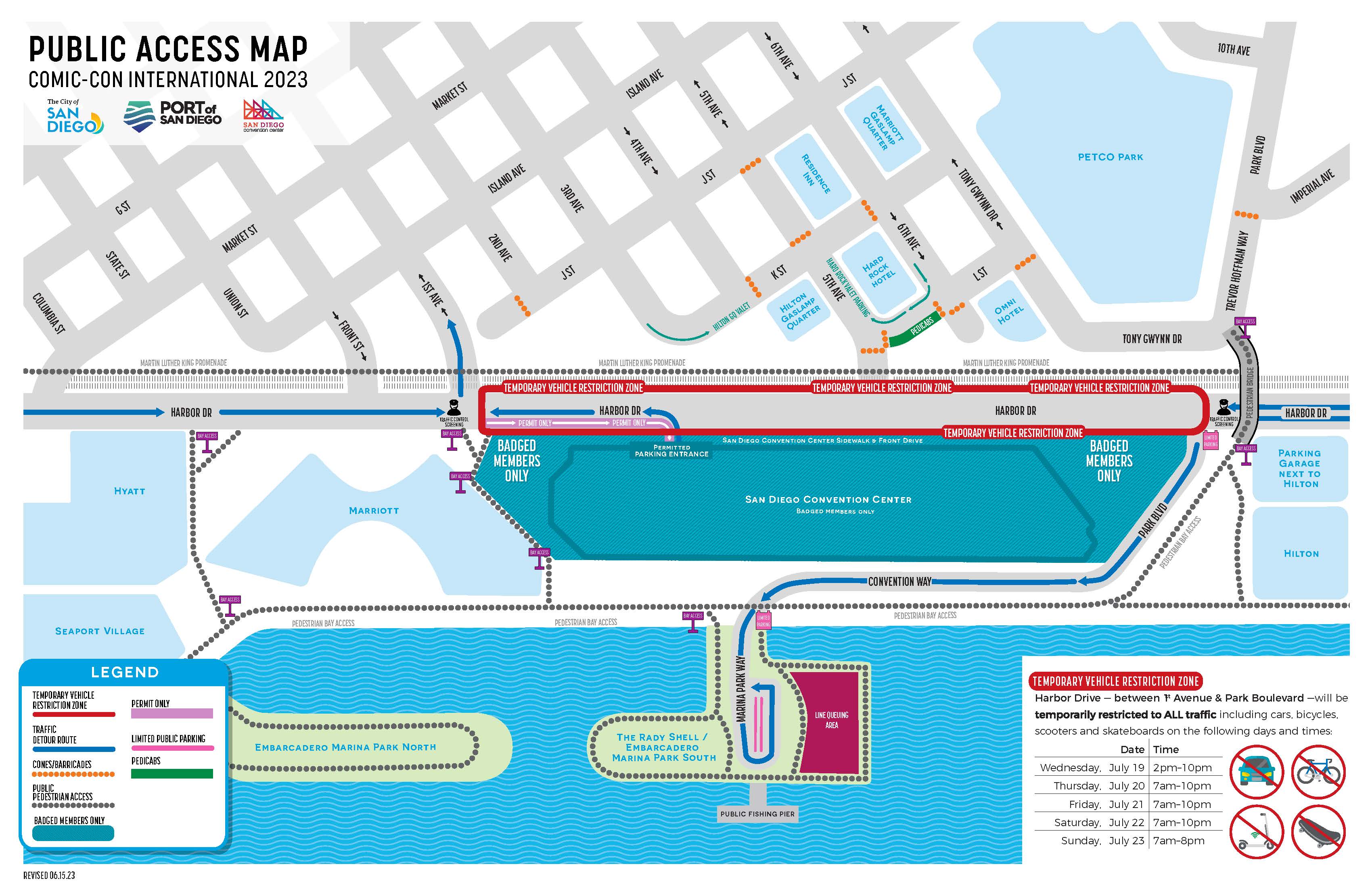 Map showing public access routes and areas which are for badge holders only around the San Diego Convention Center during Comic-Con 2022