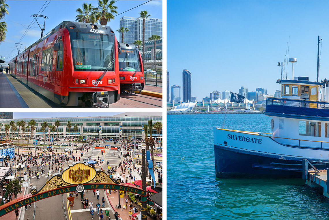 Clockwise from top left: MTS Trolley has two stops in front of the Convention Center; dockless scooters are often available nearby and can be rented via mobile apps; Free Ride Everywhere Downtown (FRED) is a fun and convenient way to get around - for a ride, flag them down anytime you see the vehicle.