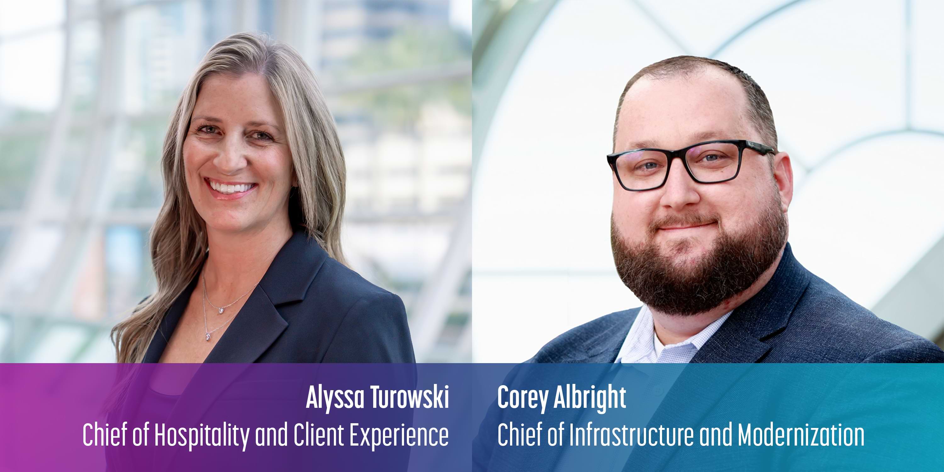 Headshots of Alyssa Turowski and Corey Albright taken at the San Diego Convention Center with their names and titles below.
